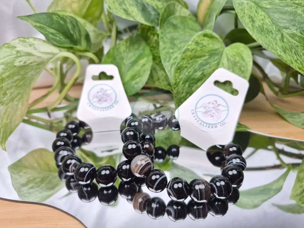 12MM BLACK BANDED AGATE BRACELET