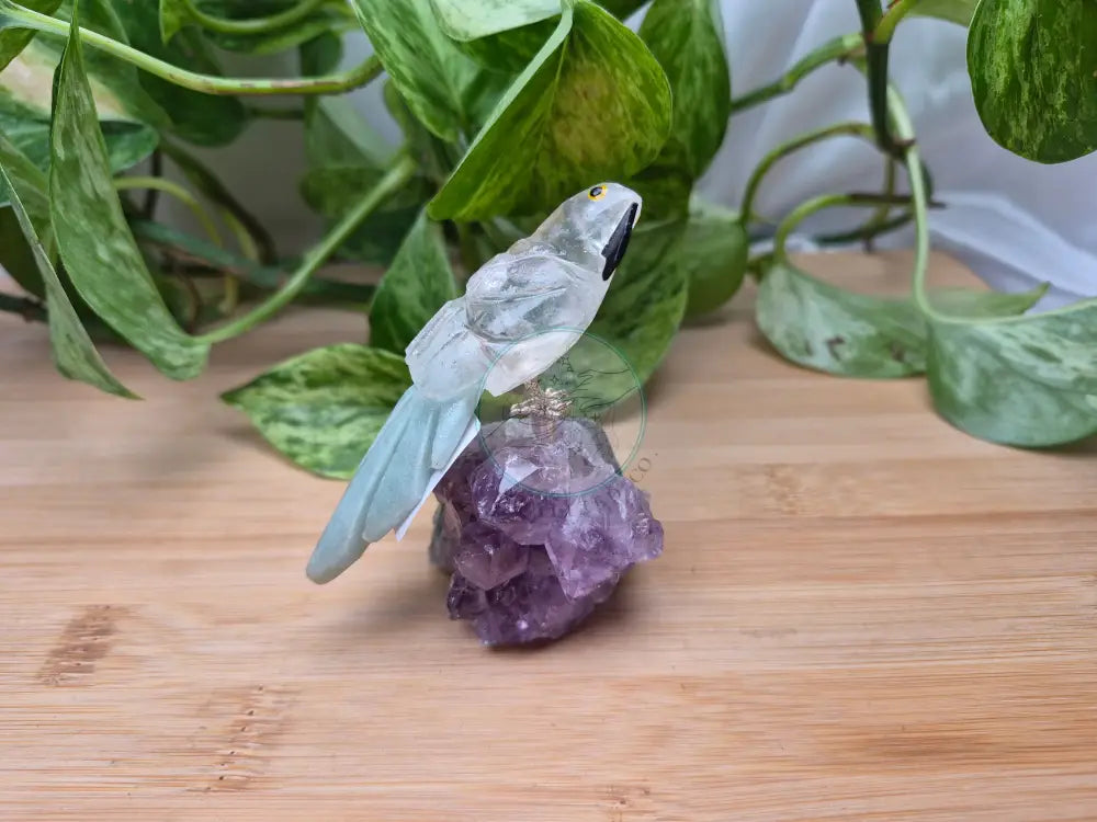 CLEAR QUARTZ PARROT ON AMETHYST BASE