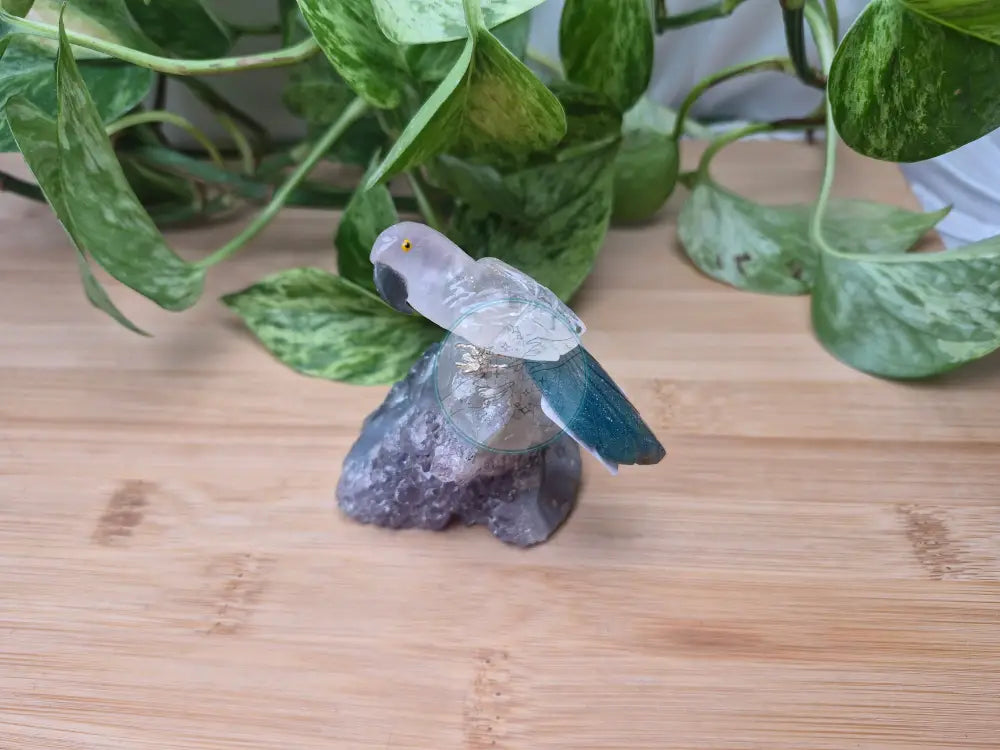 CLEAR QUARTZ PARROT ON AMETHYST BASE