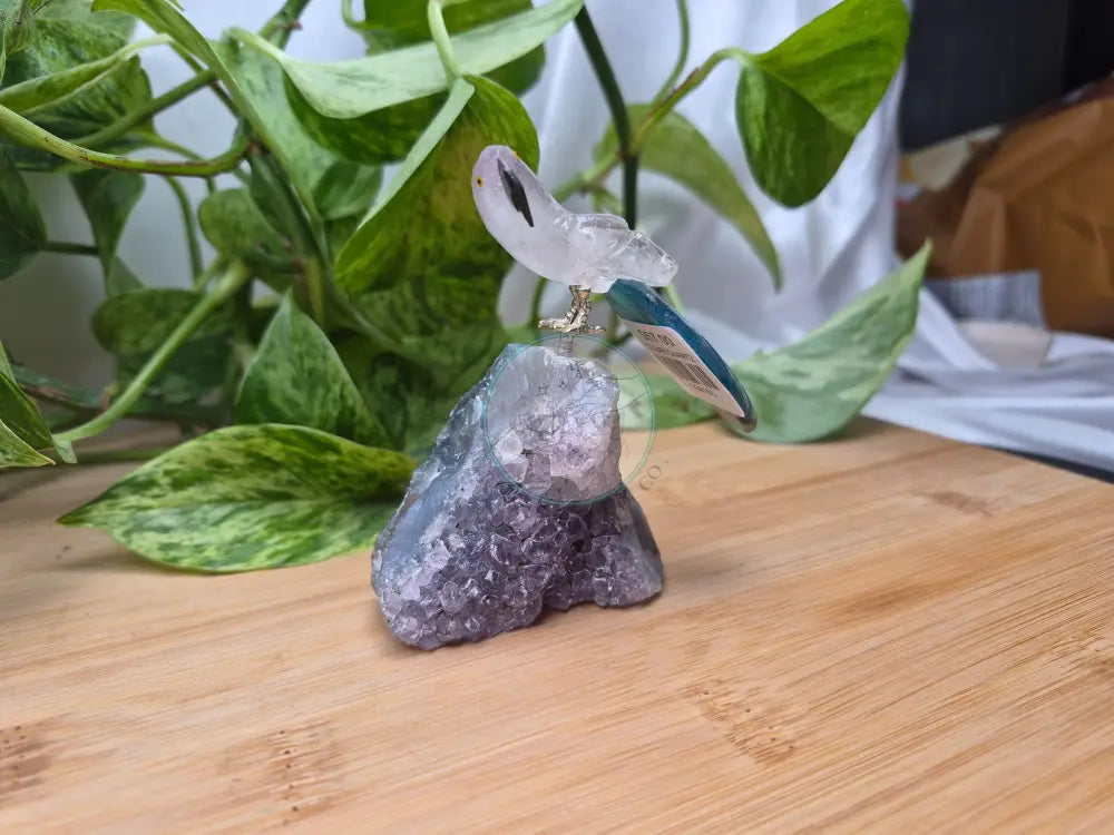 CLEAR QUARTZ PARROT ON AMETHYST BASE