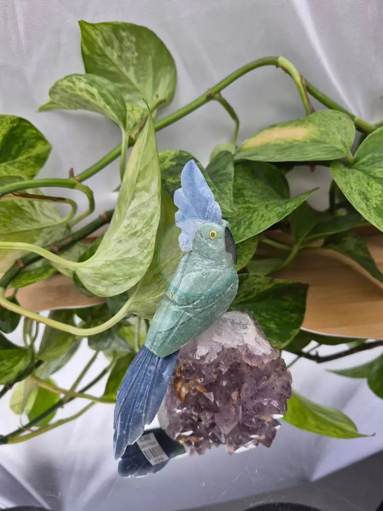 GREEN AVENTURINE PARROT ON AMETHYST BASE