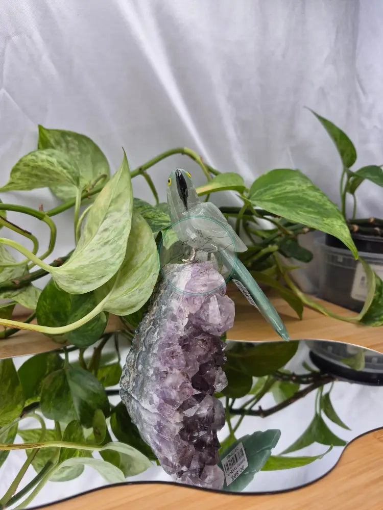 GREEN AVENTURINE PARROT ON AMETHYST BASE