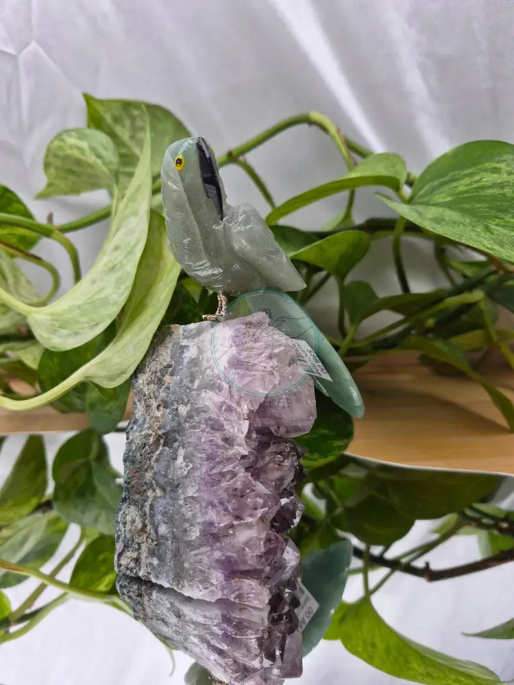 GREEN AVENTURINE PARROT ON AMETHYST BASE
