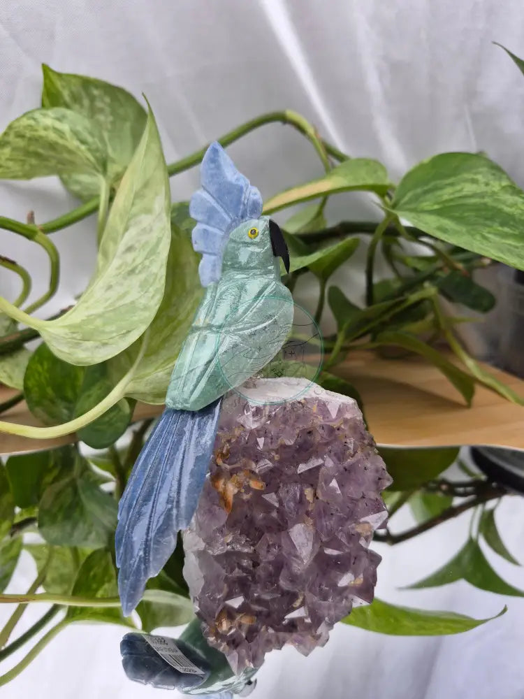 GREEN AVENTURINE PARROT ON AMETHYST BASE