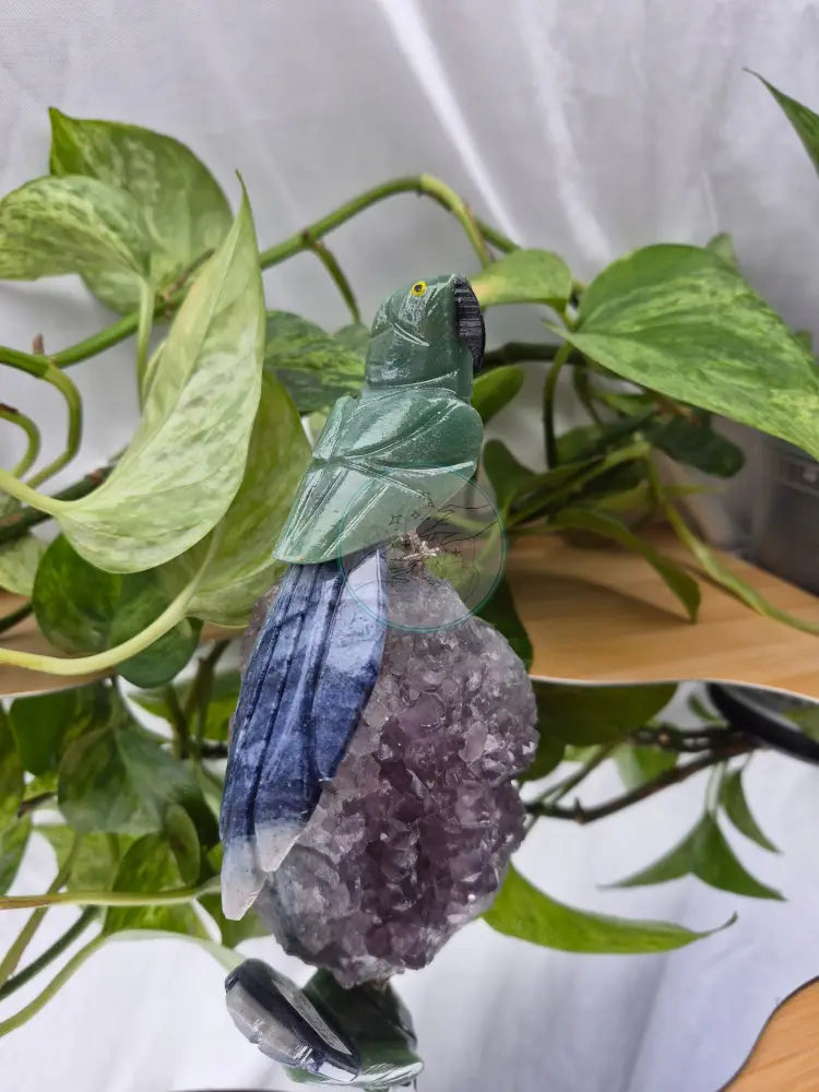GREEN AVENTURINE PARROT ON AMETHYST BASE