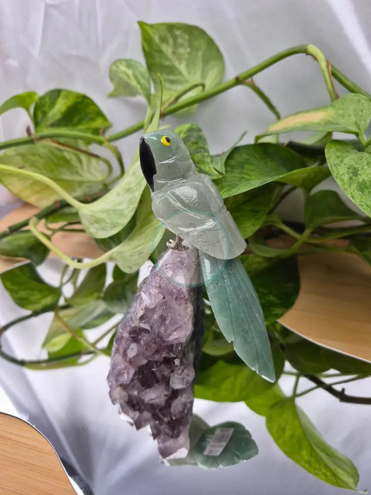 GREEN AVENTURINE PARROT ON AMETHYST BASE