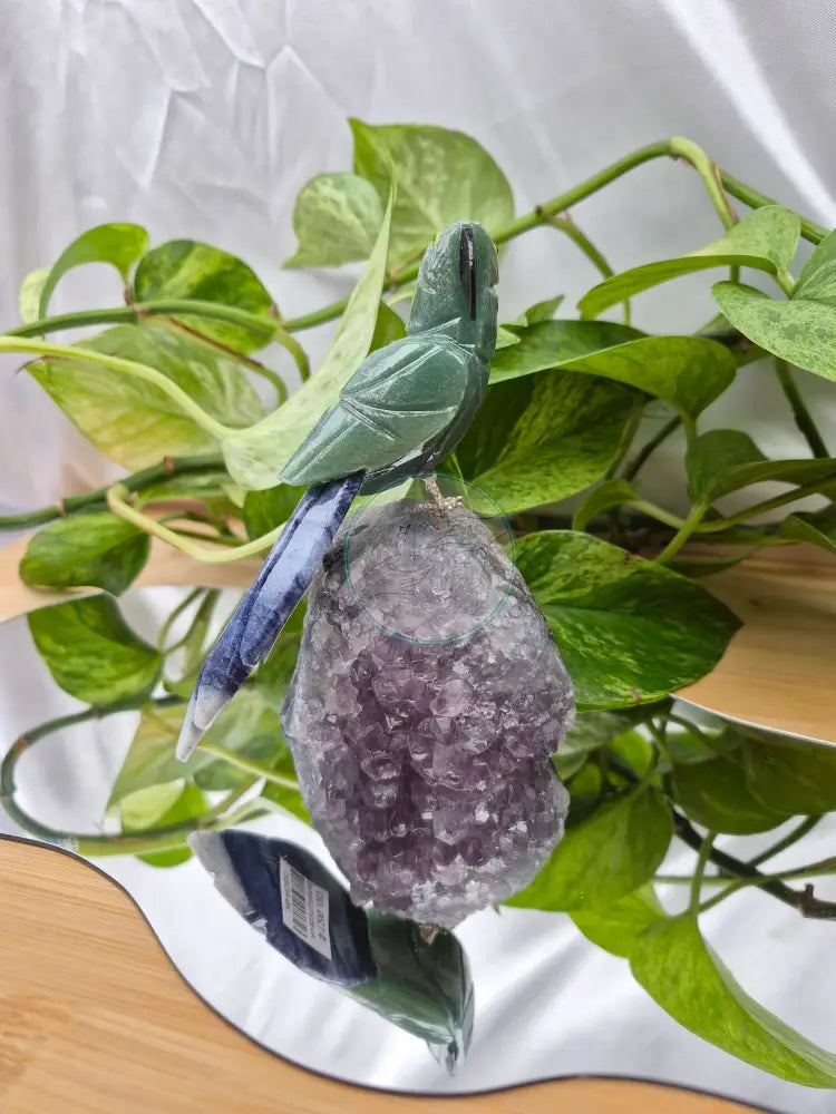 GREEN AVENTURINE PARROT ON AMETHYST BASE