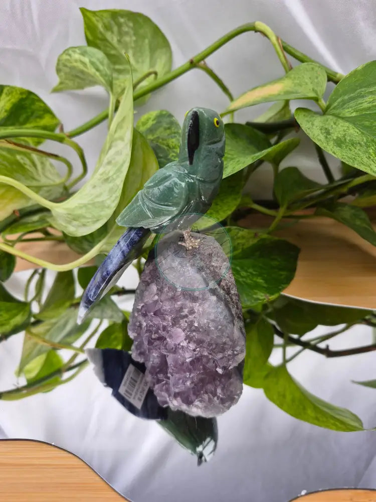 GREEN AVENTURINE PARROT ON AMETHYST BASE