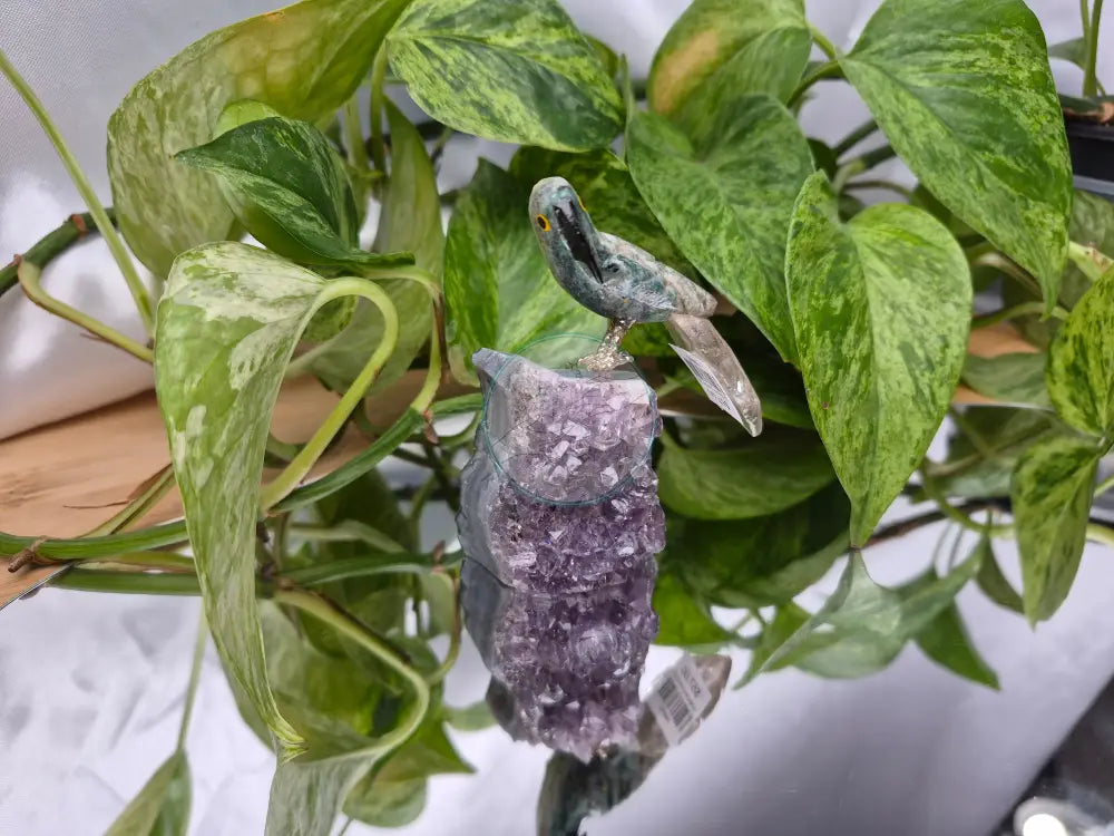 GREEN QUARTZITE PARROT ON AMETHYST BASE