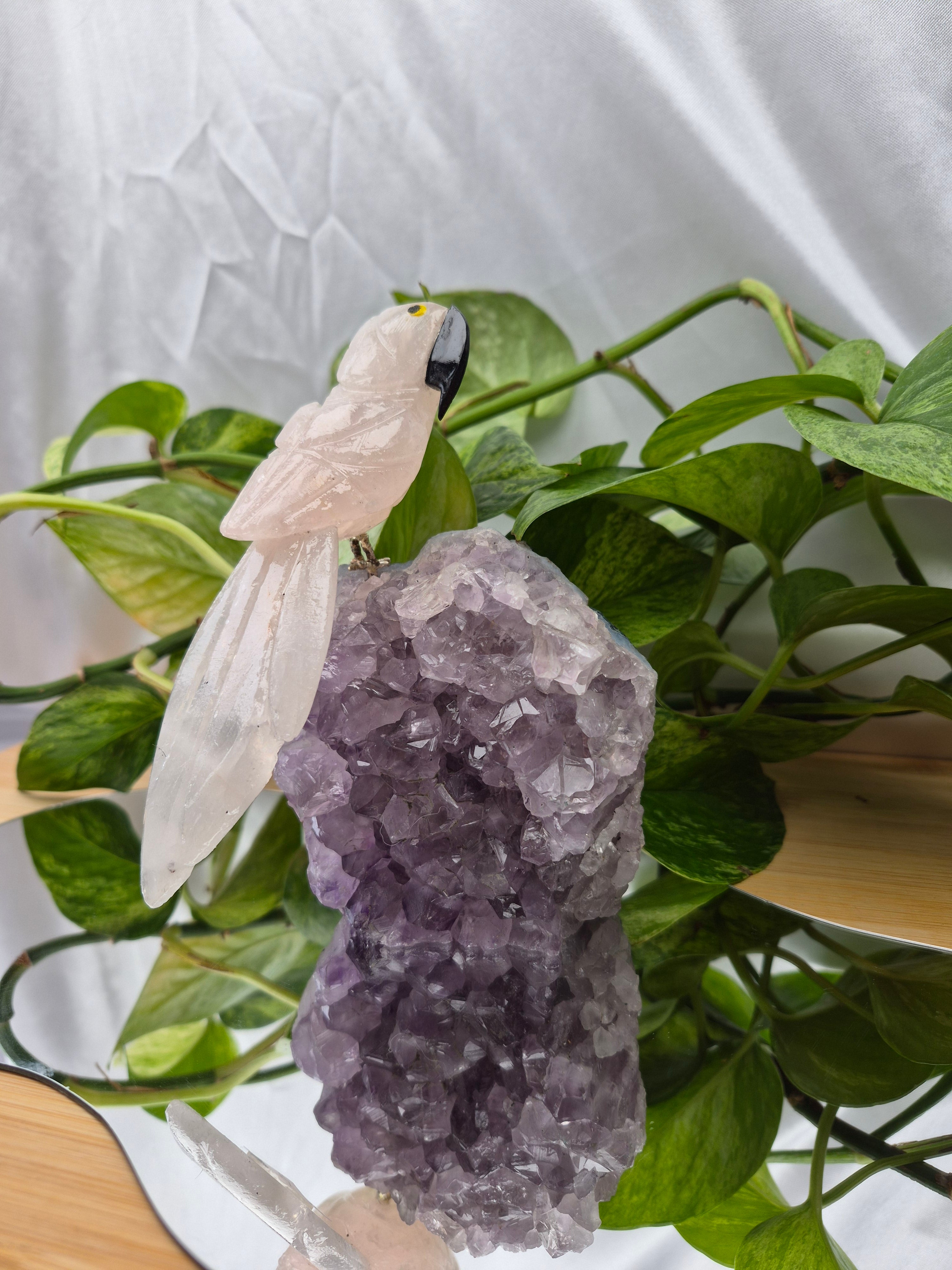 ROSE QUARTZ PARROT ON AMETHYST BASE