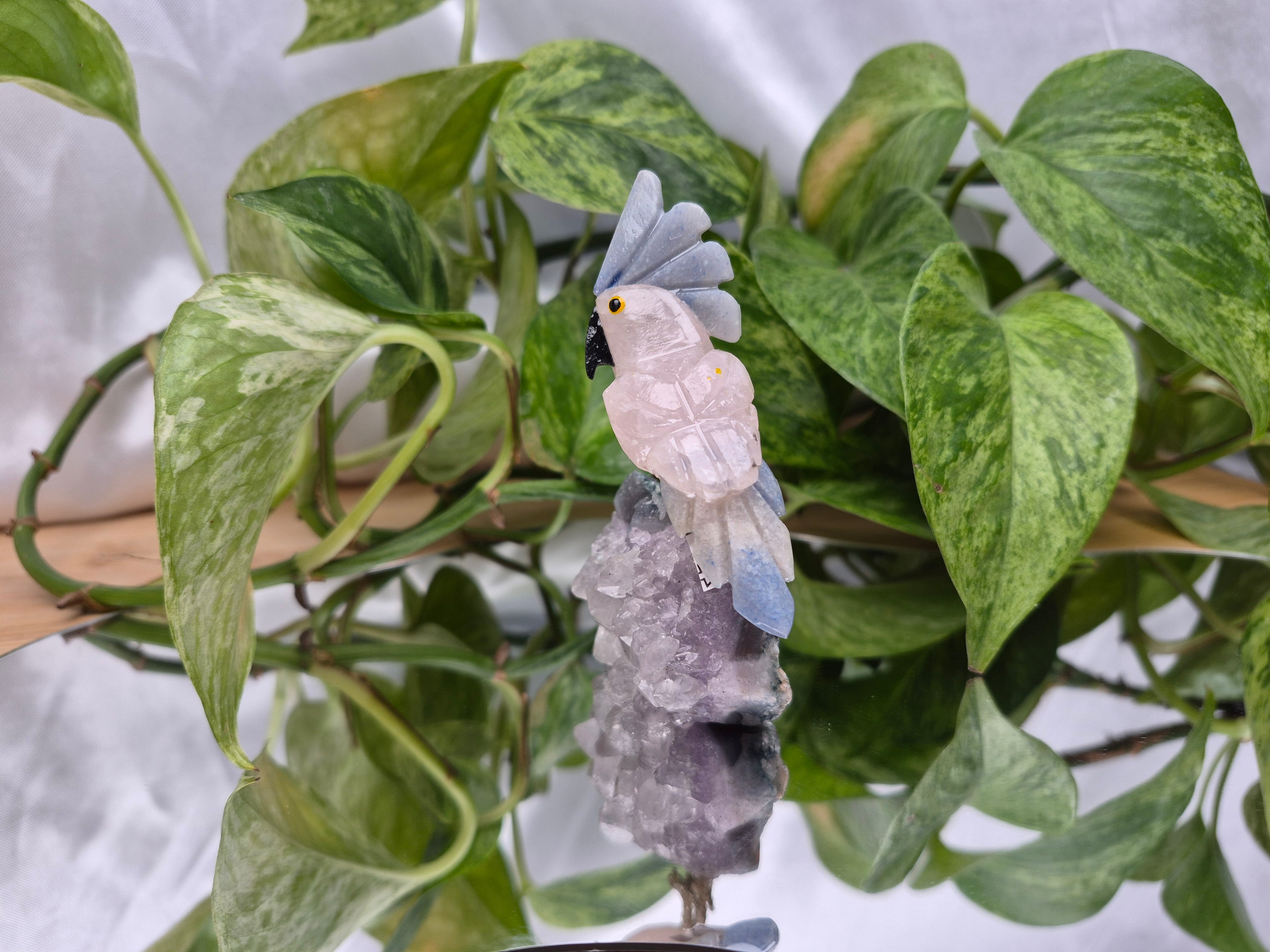 ROSE QUARTZ PARROT ON AMETHYST BASE