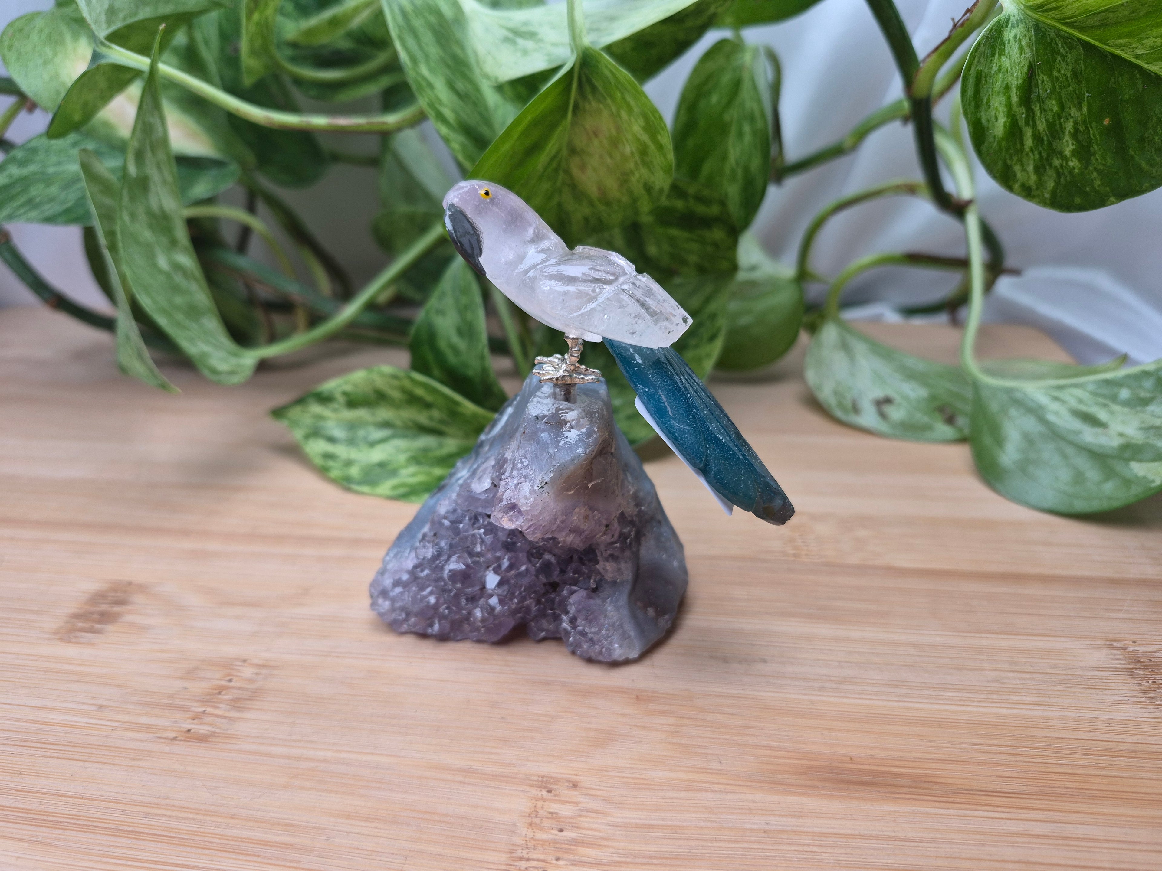 CLEAR QUARTZ PARROT ON AMETHYST BASE