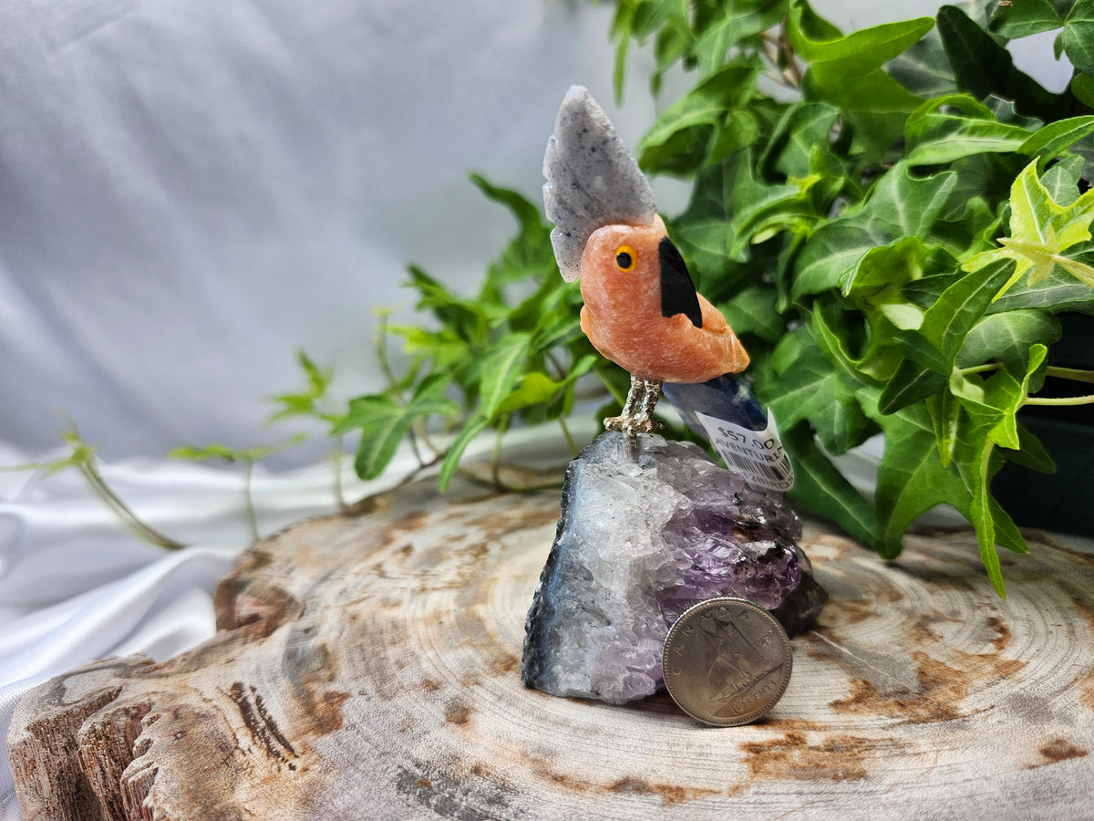 PEACH AVENTURINE PARROT OF AMETHYST BASE