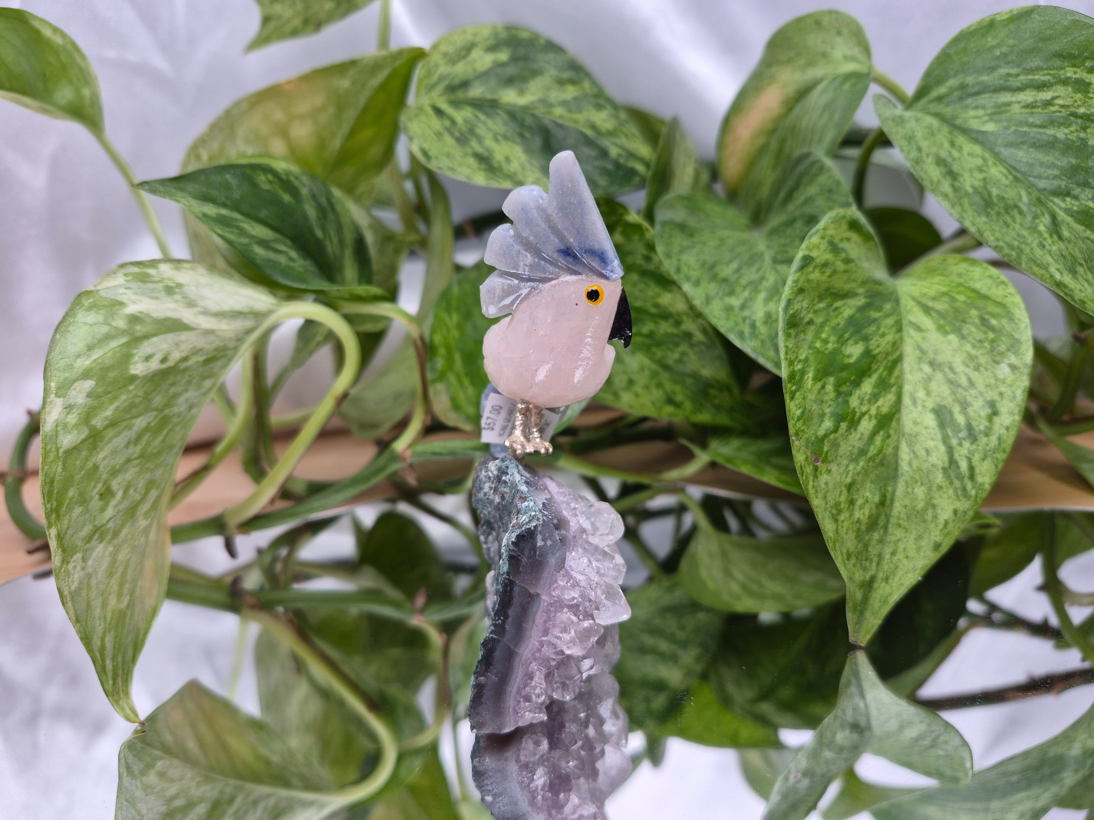 ROSE QUARTZ PARROT ON AMETHYST BASE