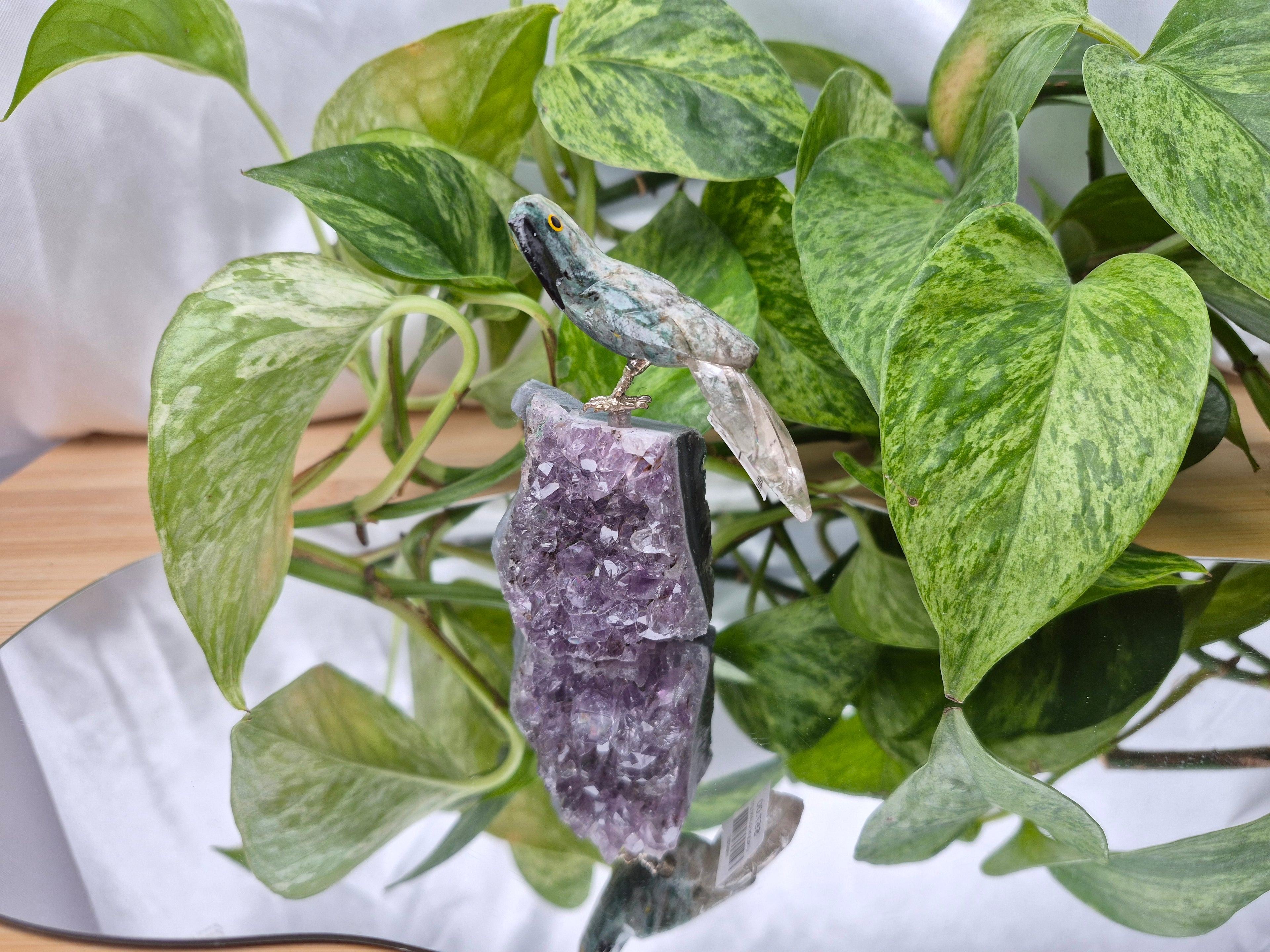 GREEN QUARTZITE PARROT ON AMETHYST BASE