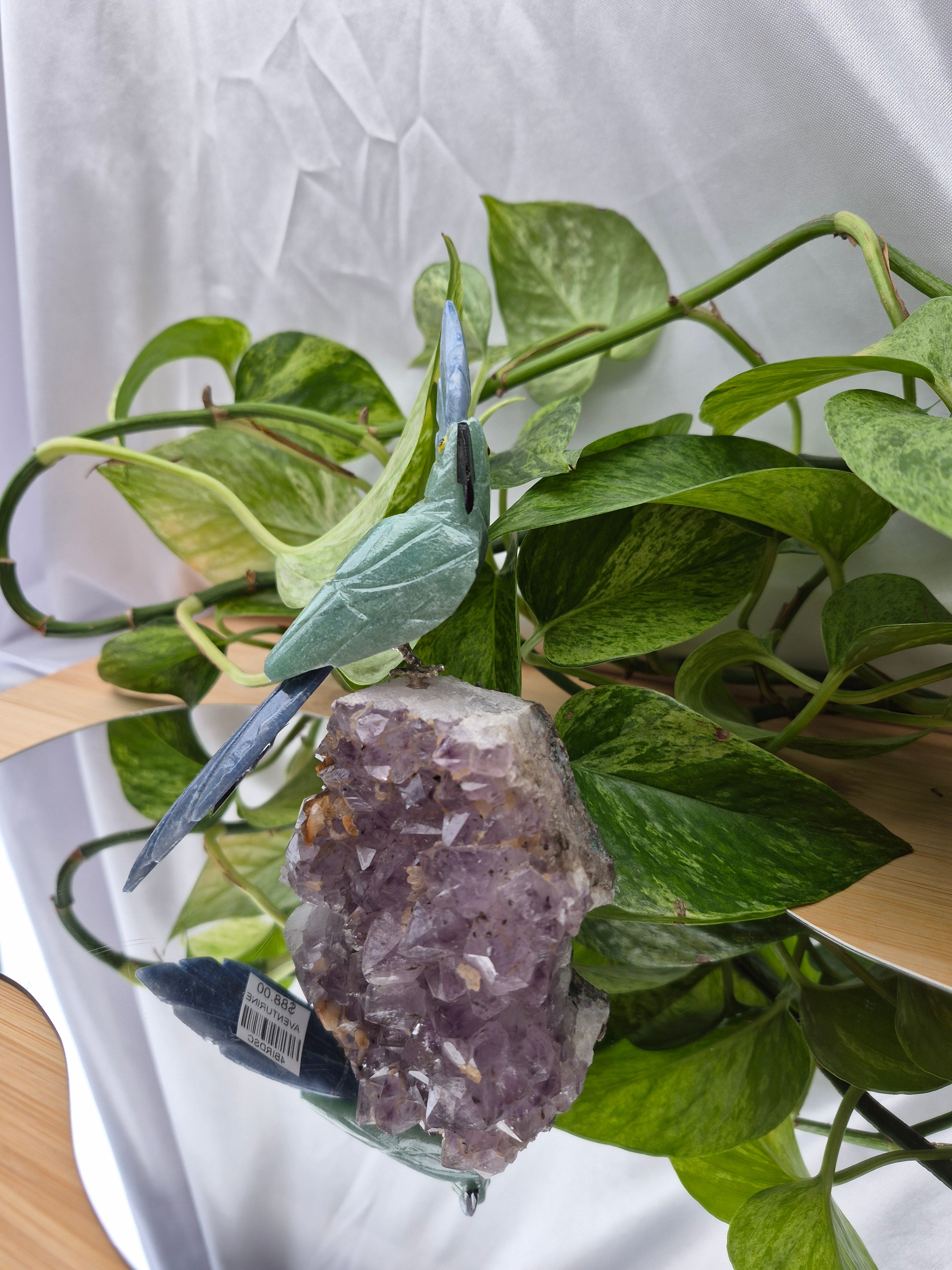 GREEN AVENTURINE PARROT ON AMETHYST BASE