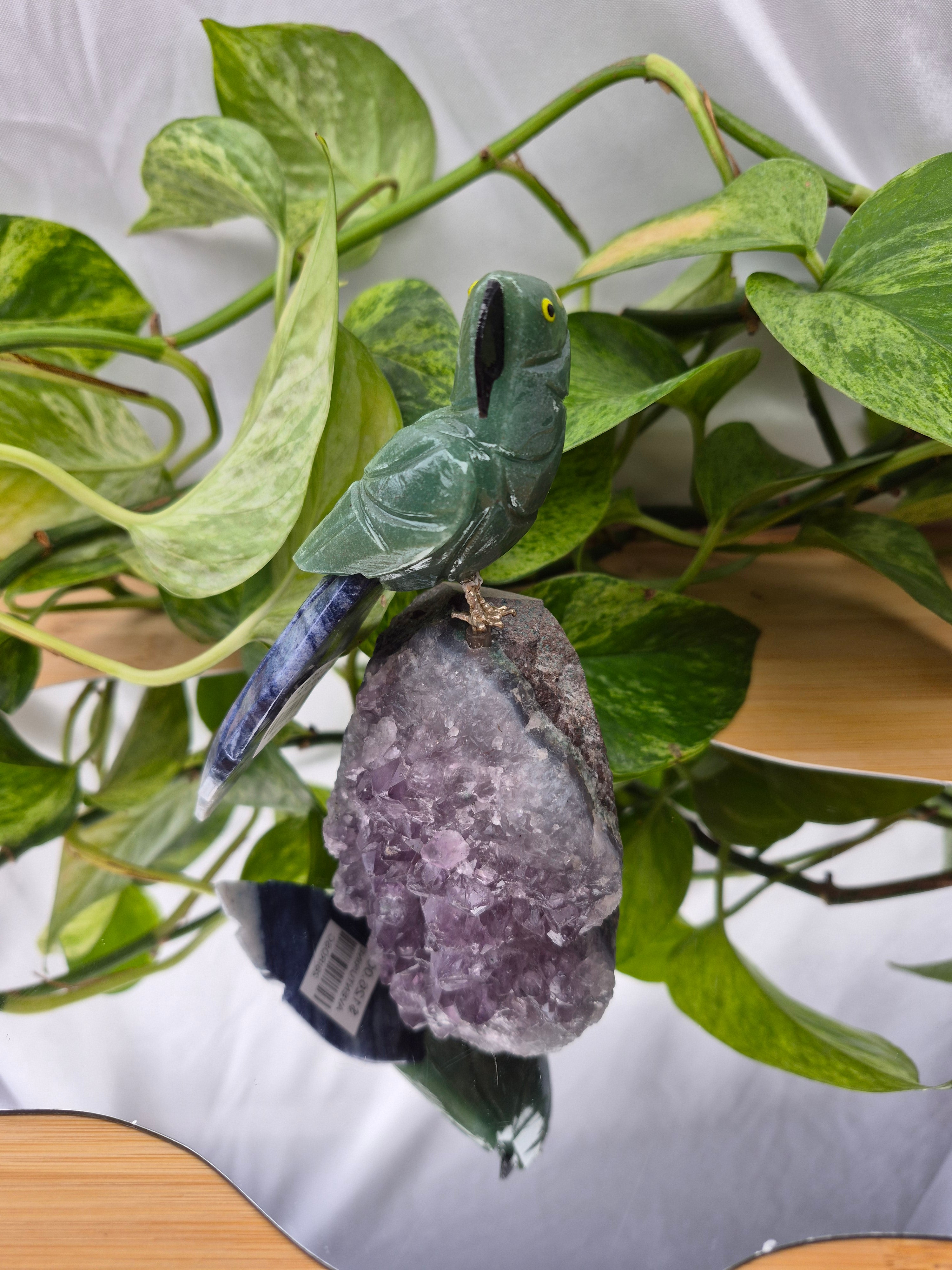 GREEN AVENTURINE PARROT ON AMETHYST BASE