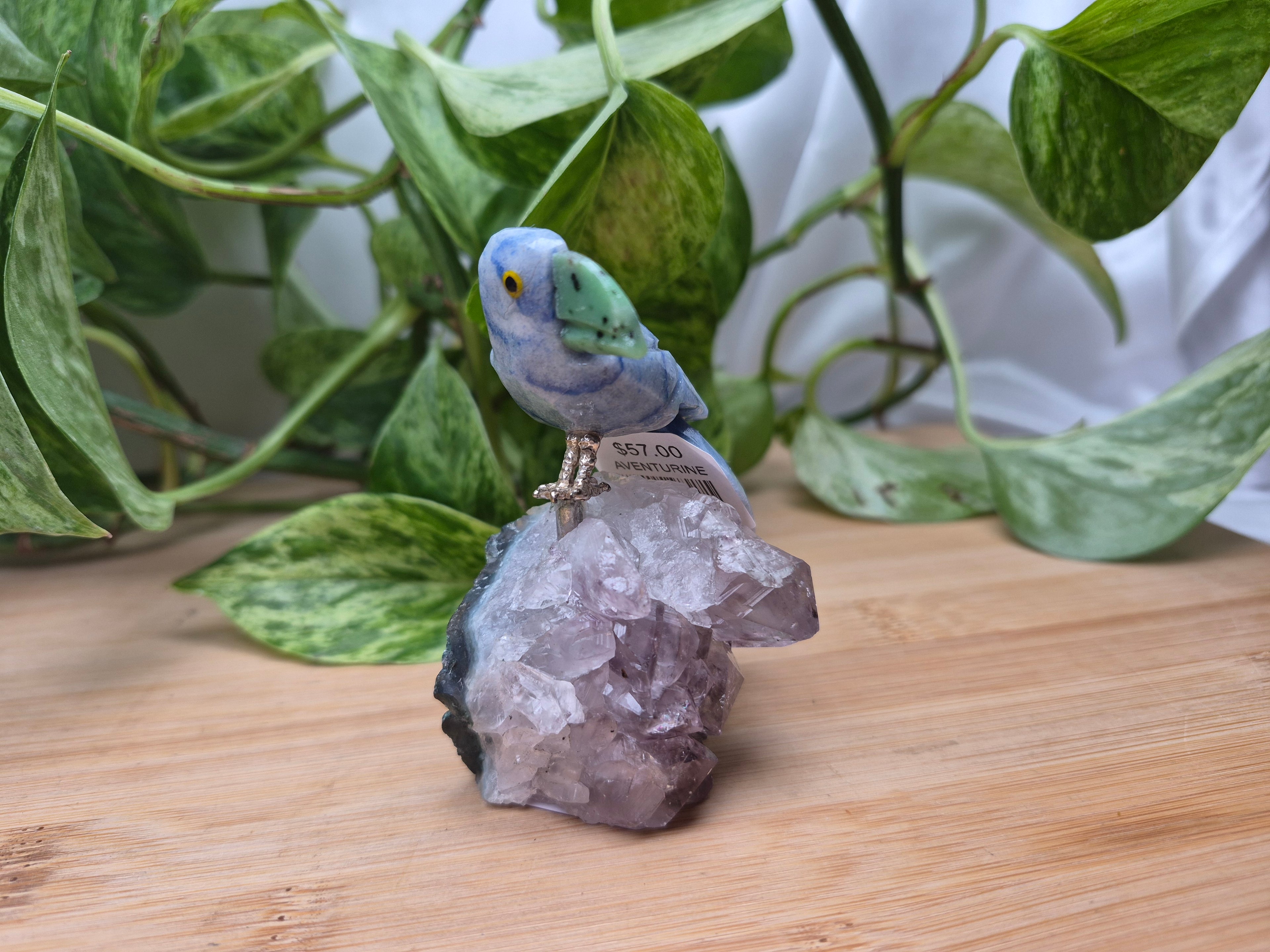 BLUE AVENTURINE TOUCAN ON AMETHYST BASE