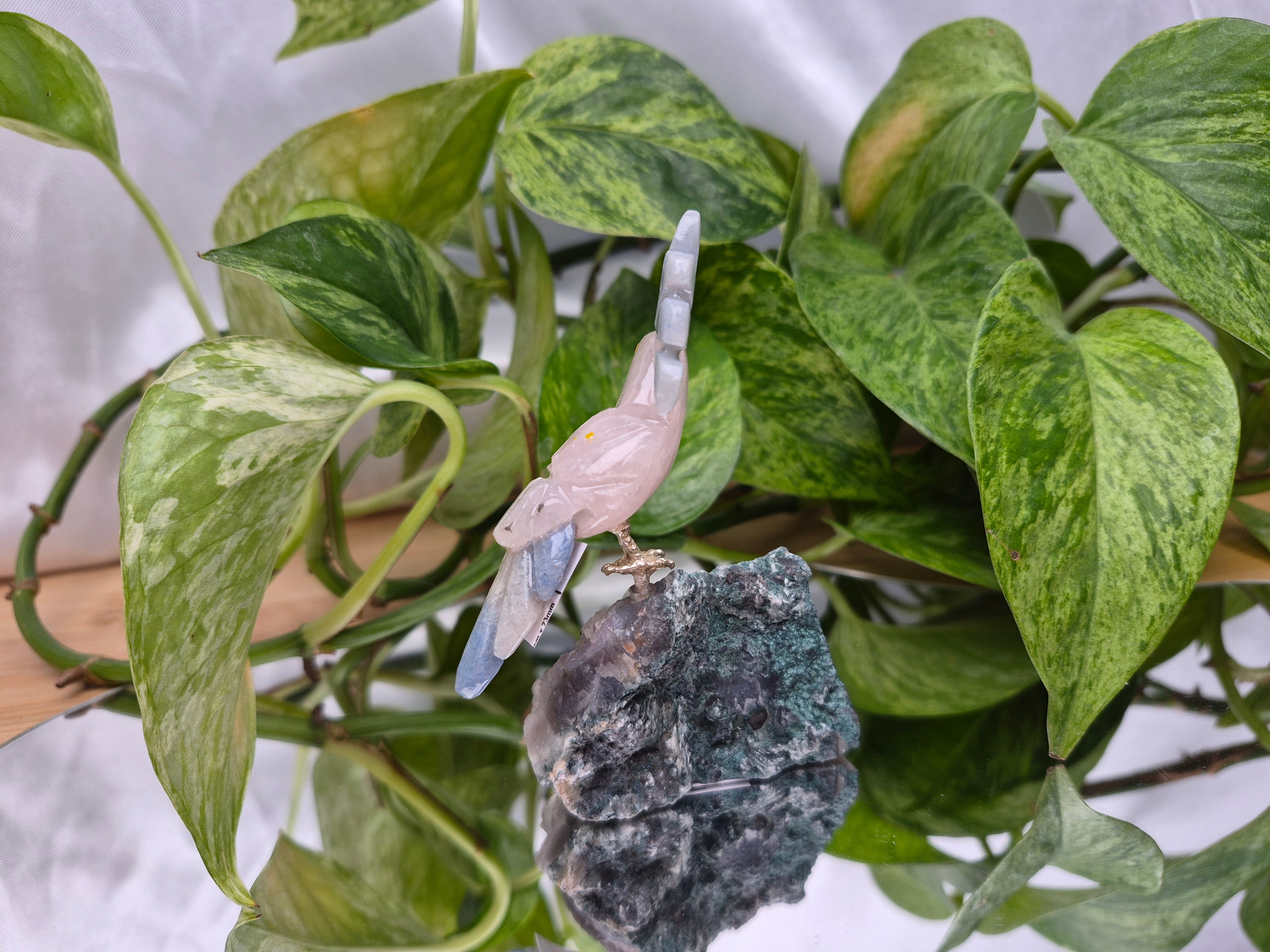 ROSE QUARTZ PARROT ON AMETHYST BASE