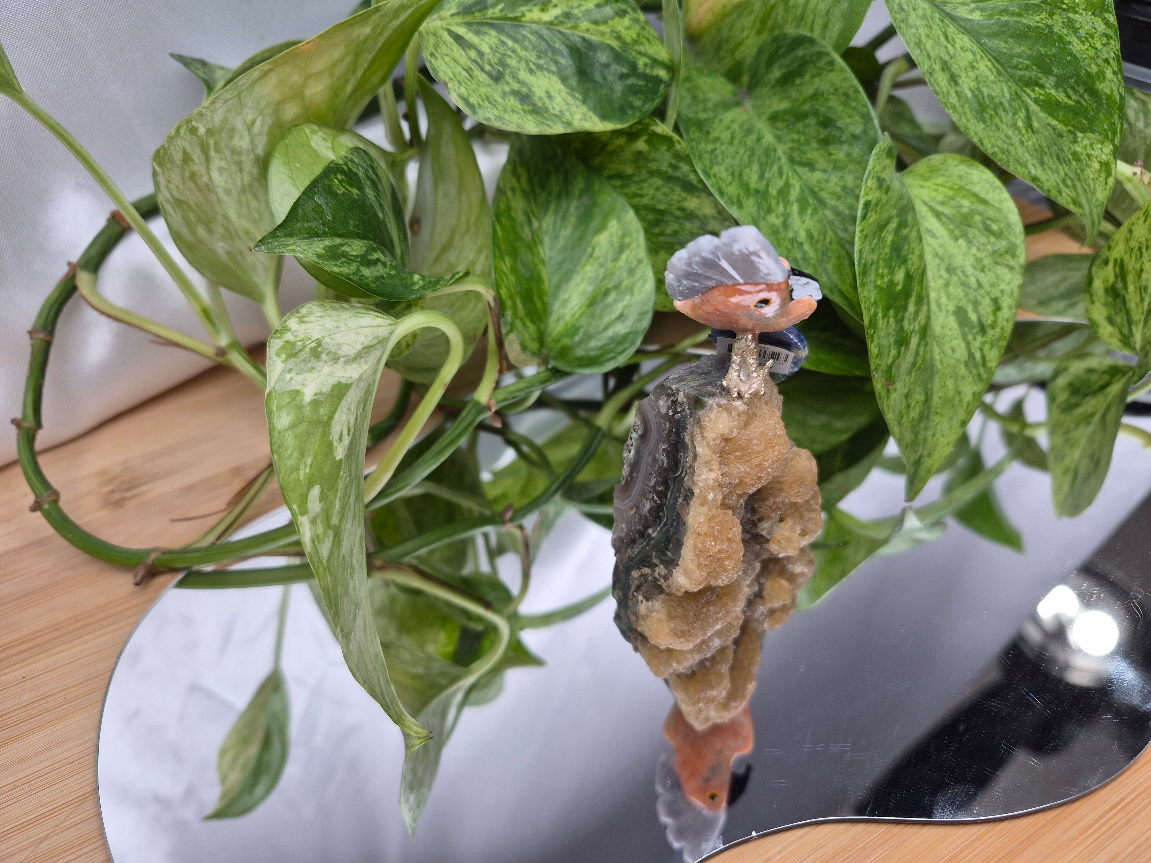 ORANGE CALCITE PARROT ON CALCIFIED AMETHYST BASE
