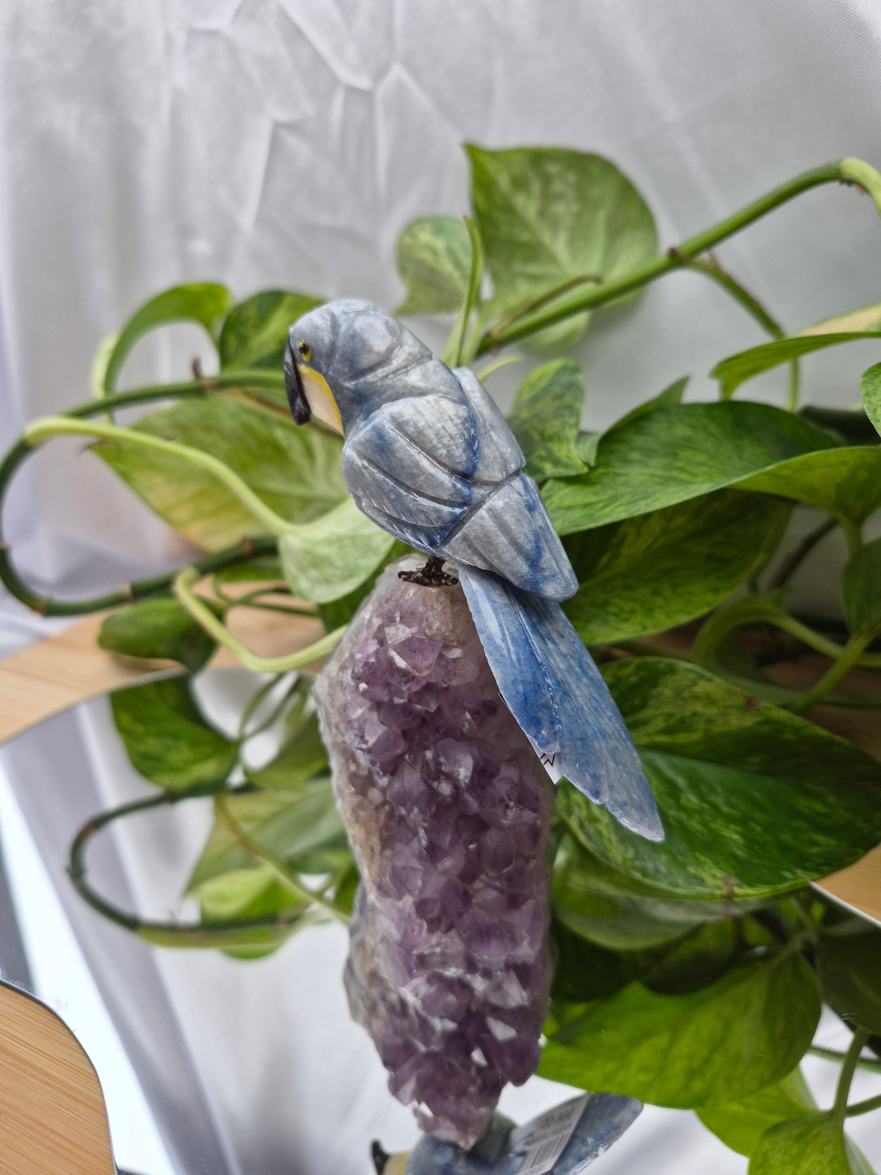 BLUE AVENTURINE PARROT ON AMETHYST BASE