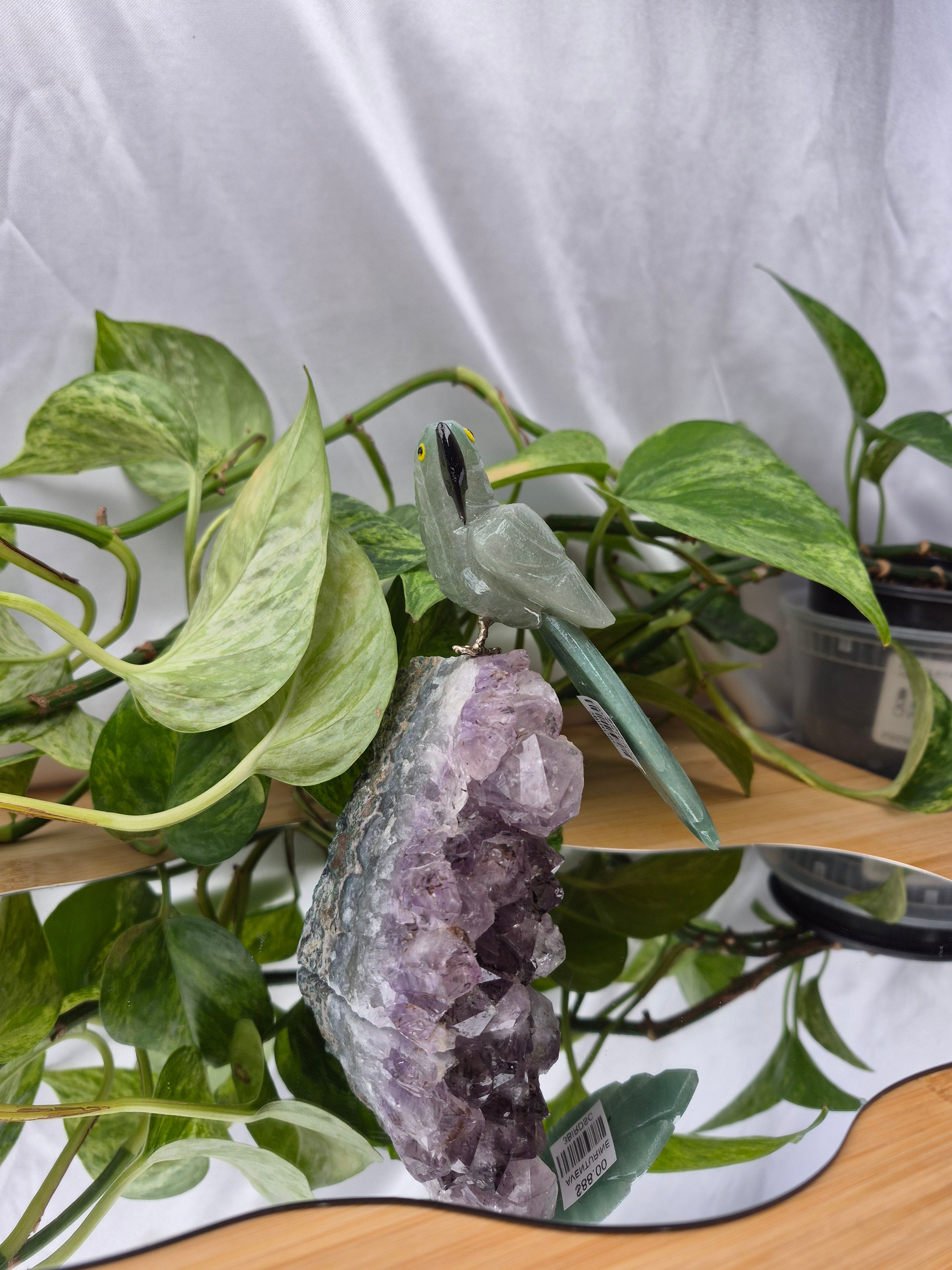 GREEN AVENTURINE PARROT ON AMETHYST BASE