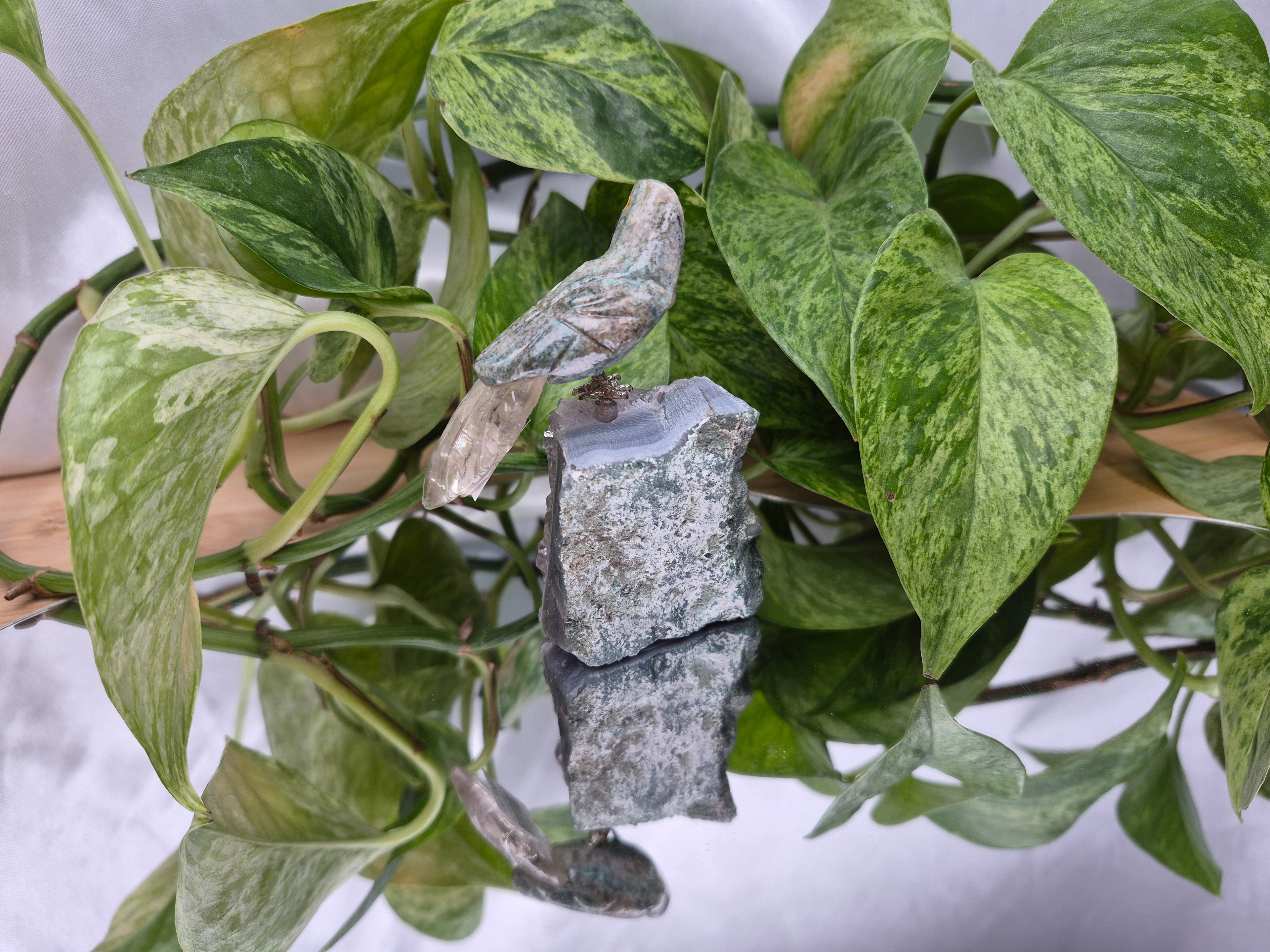 GREEN QUARTZITE PARROT ON AMETHYST BASE