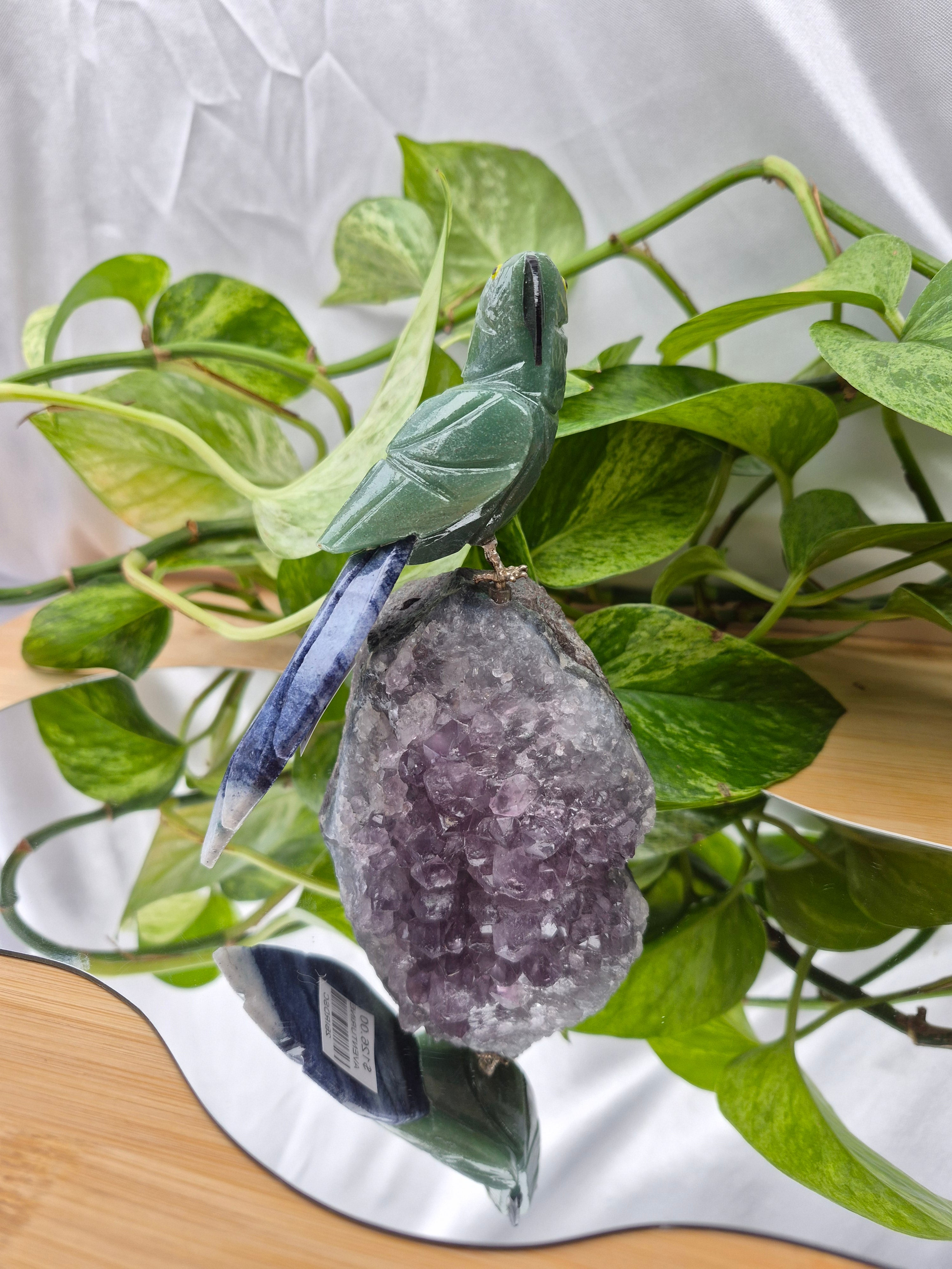 GREEN AVENTURINE PARROT ON AMETHYST BASE