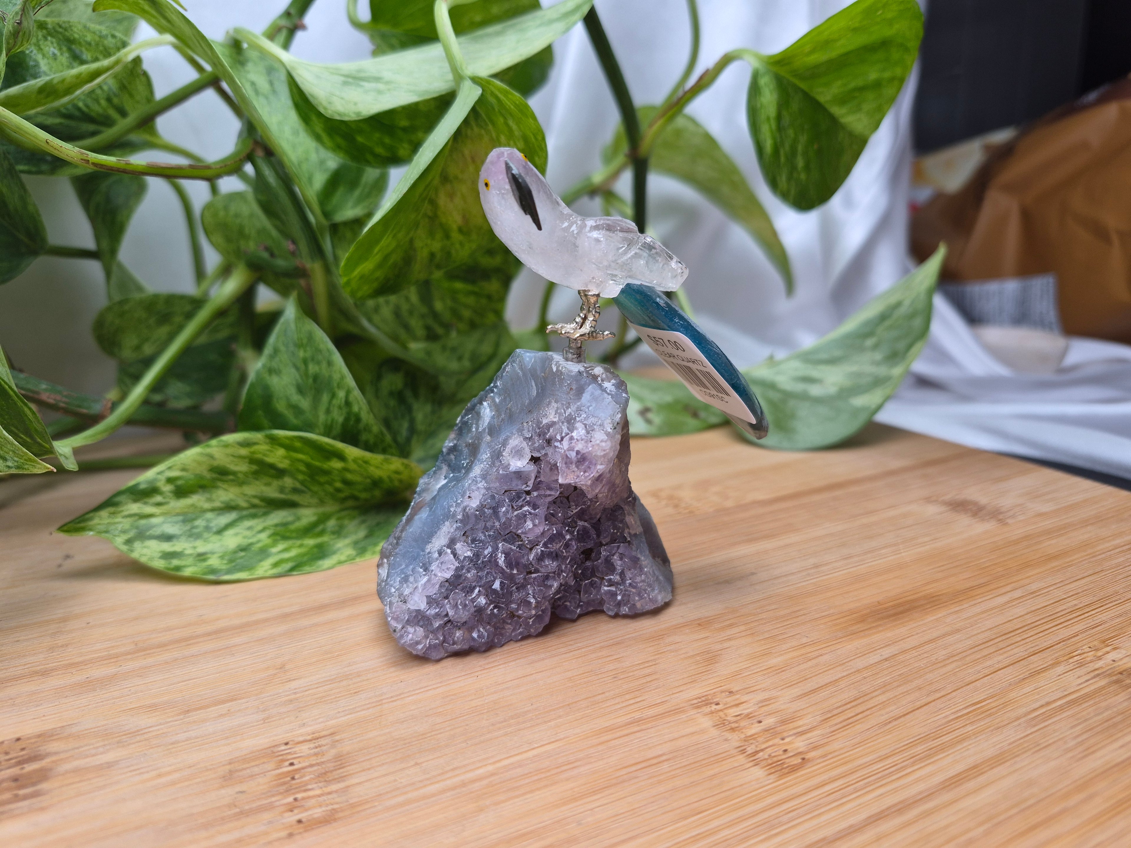 CLEAR QUARTZ PARROT ON AMETHYST BASE