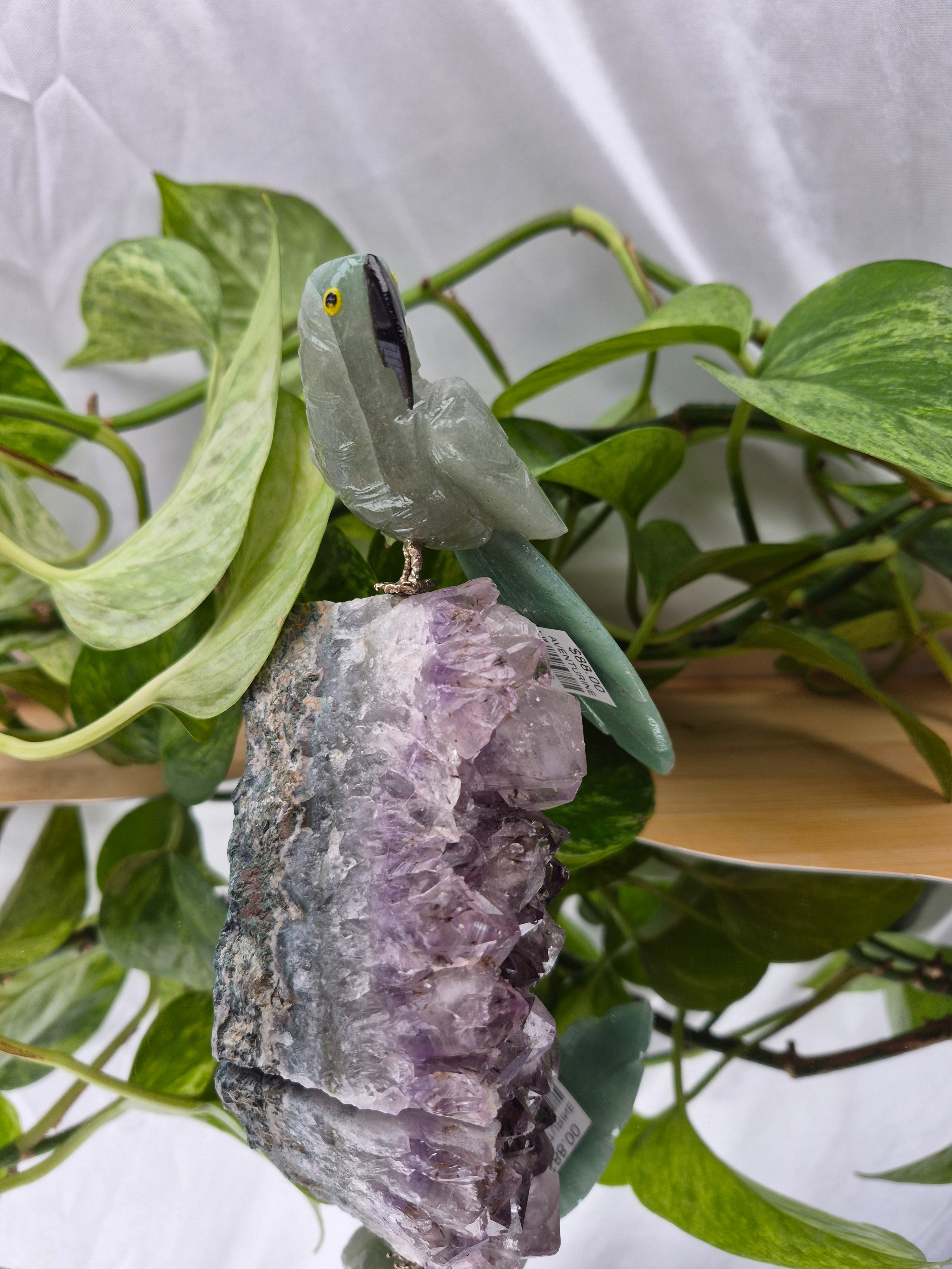 GREEN AVENTURINE PARROT ON AMETHYST BASE
