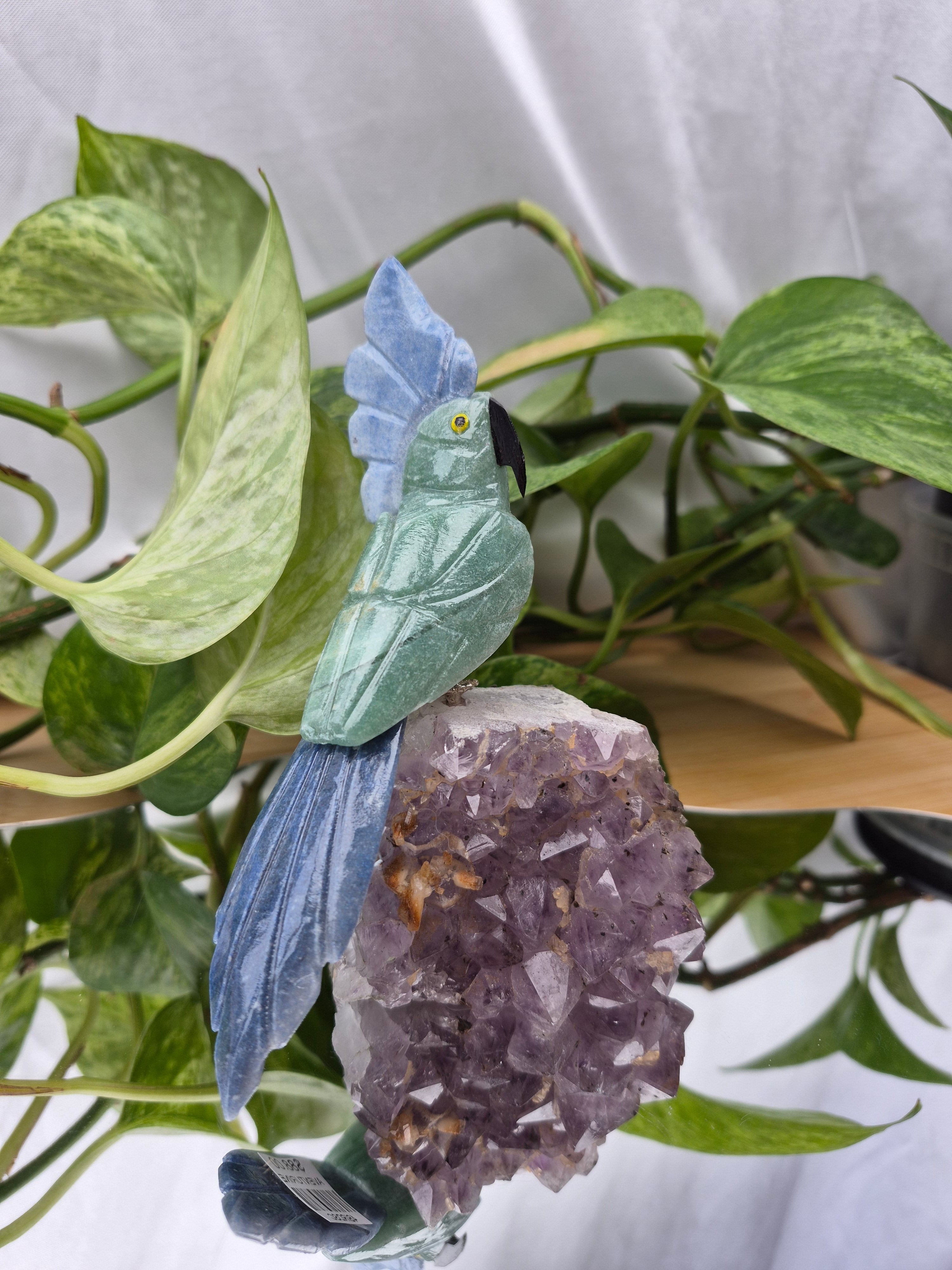 GREEN AVENTURINE PARROT ON AMETHYST BASE
