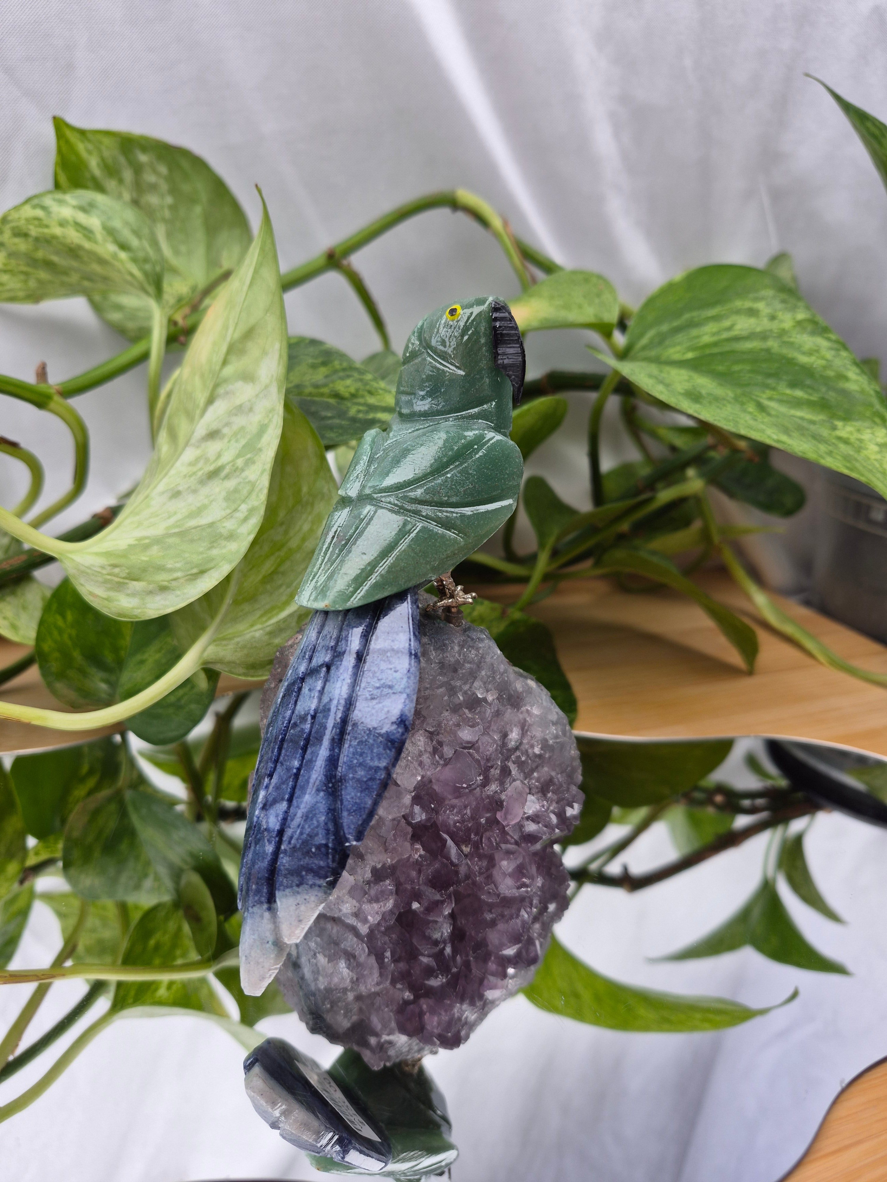 GREEN AVENTURINE PARROT ON AMETHYST BASE